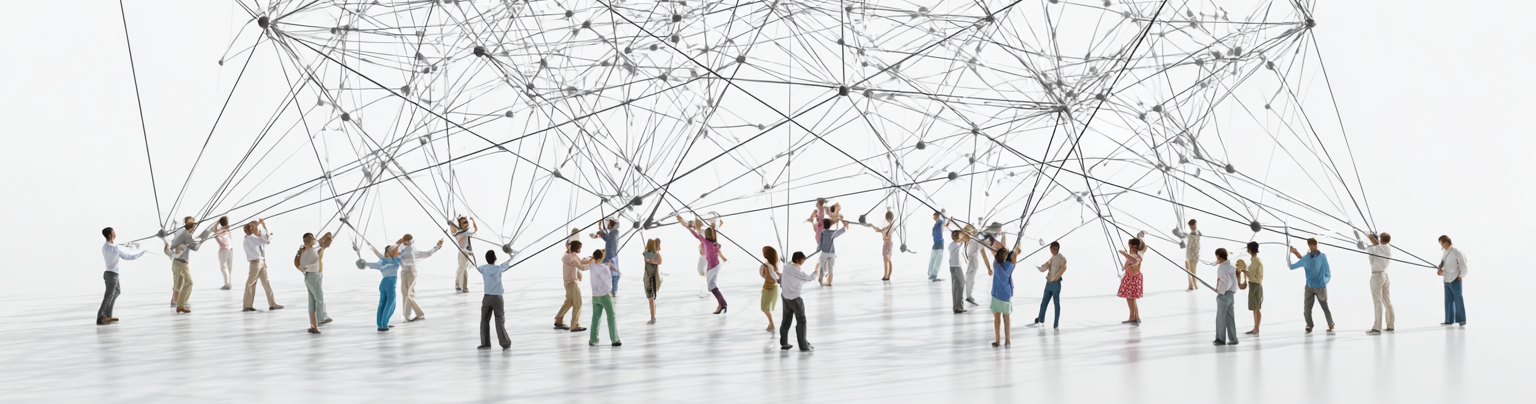 Eine Gruppe von Menschen, die ein Netzwerk aus Fäden halten und miteinander verbunden sind.